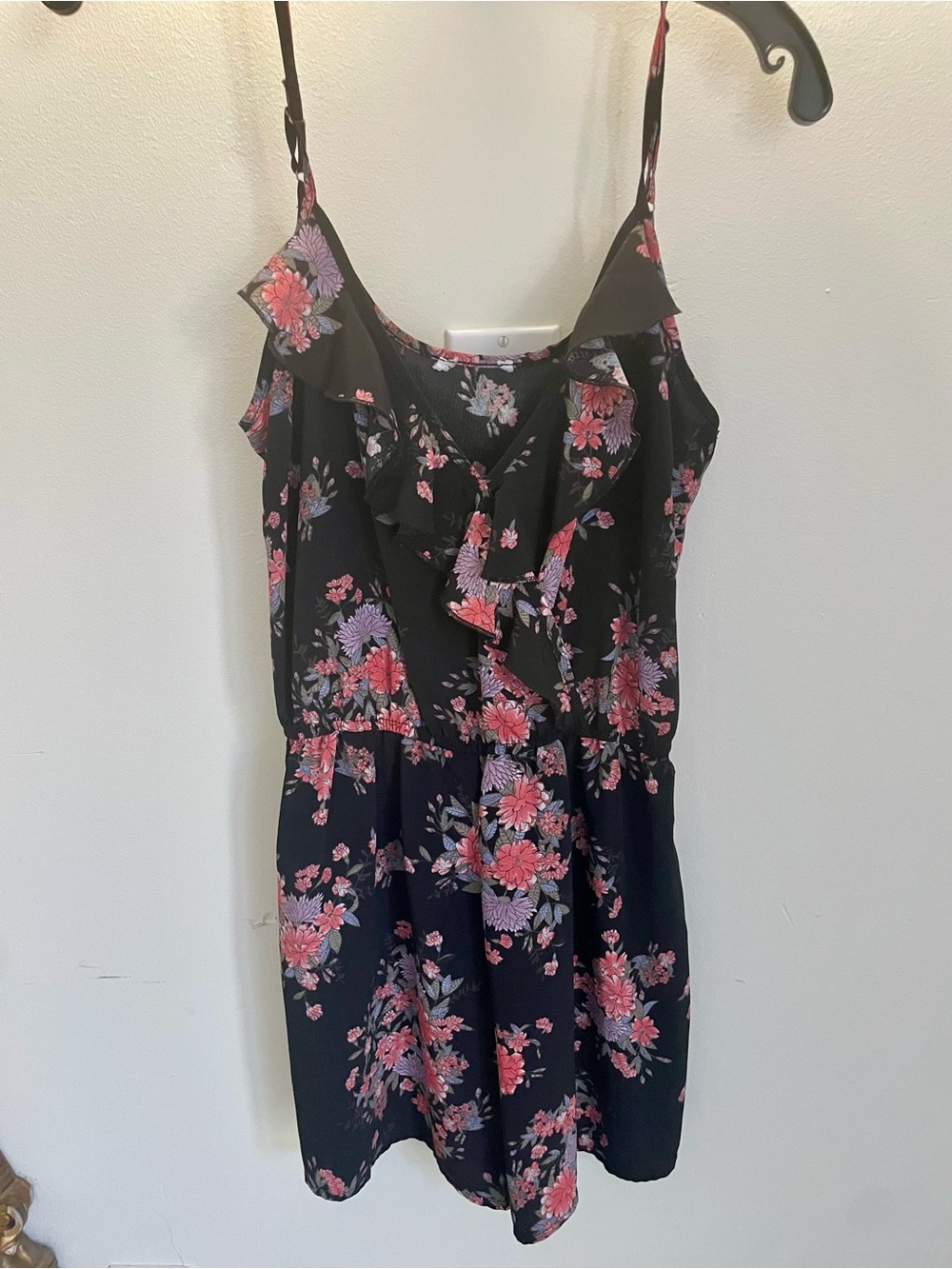 Black Floral Spaghetti Strap Romper with Pink & Lavender Blooms